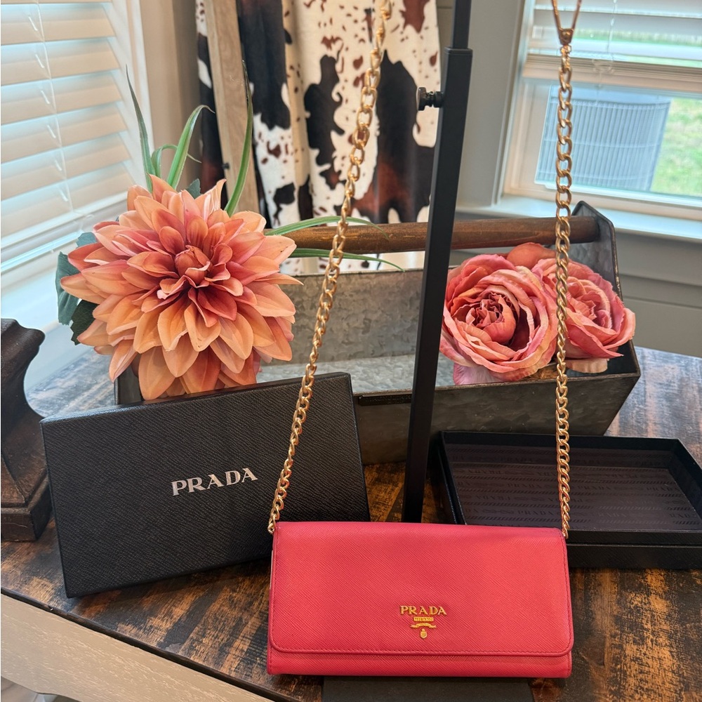 Prada Pink Leather Chain Wallet Crossbody